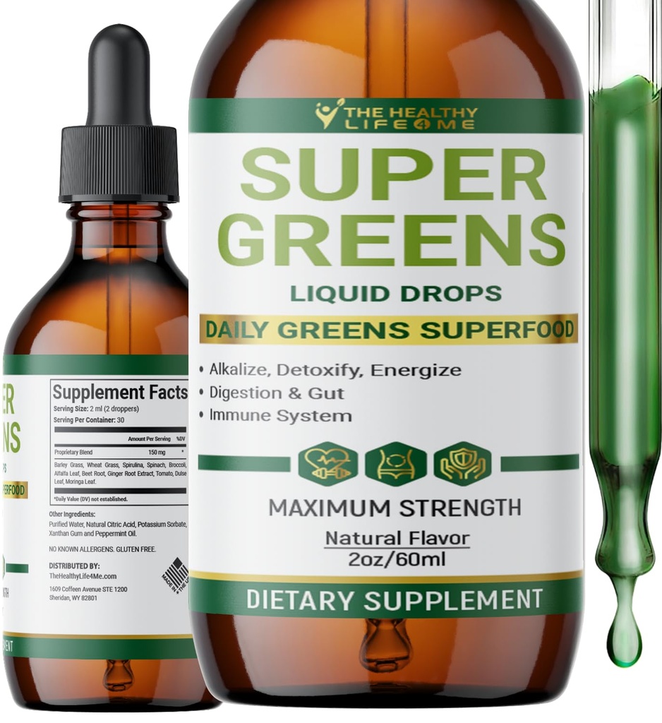 Liquid Super Greens Drops | Powerful Antioxidants | Immune Support | Digestive Health | Peppermint Flavor | by The Healthy Life for Me | 2oz - 30 Day Supply