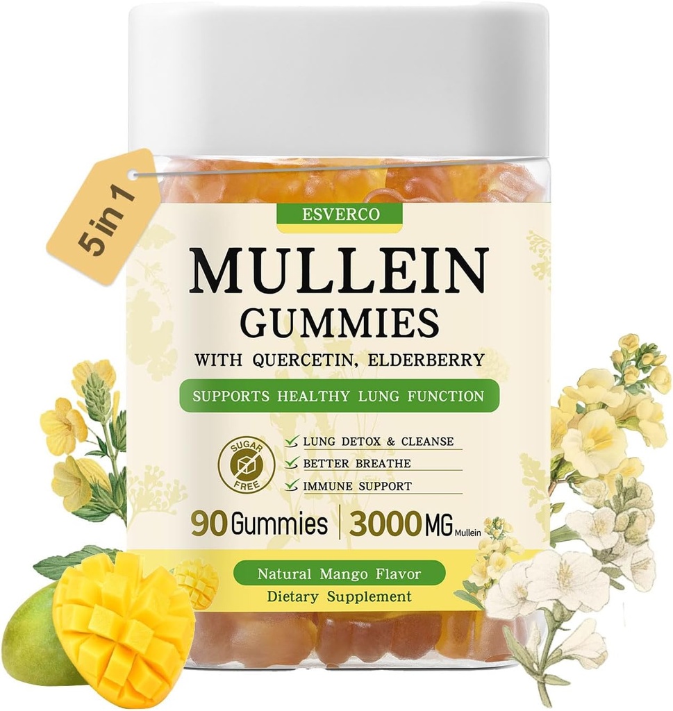 Mullein Gummies με 3600mg Mullein Leaf Extract, 7 in 1 for Lung Cleanse, Respiratory Lung Health, Immune Booster, Elderberry, Quercetin, Bromelain, Vitamin C&D3, No Sugar, for Adults, Vegan, 90 Count