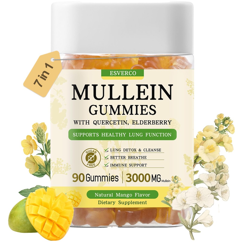 Mullein Gummies με 3600mg Mullein Leaf Extract, 7 in 1 for Lung Cleanse, Respiratory Lung Health, Immune Booster, Elderberry, Quercetin, Bromelain, Vitamin C&D3, No Sugar, for Adults, Vegan, 90 Count