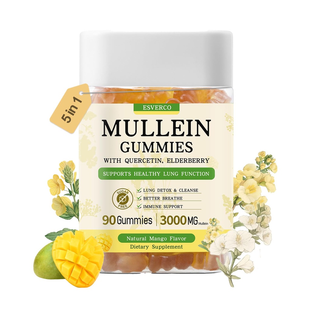 Mullein Gummies with 3600mg Mullein Leaf Extract, 7 in 1 for Lung Cleanse, Respiratory Lung Health, Immune Booster, Elderberry, Quercetin, Bromelain, No Sugar, for Adults, Vegan, 90 Count