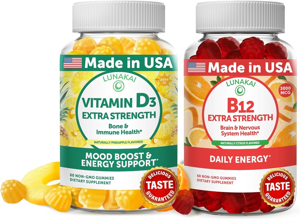 Lunakai Βιταμίνη D3 και Βιταμίνη B12 Gummies Bundle - Ανοσία, Οστέινο και Mood Υποστήριξη VIT D3 2000IU συμπλήρωμα - 3000mcg Μεθυλοκοβαλαμίνη Υψηλή Απορρόφηση Ενέργεια Gummy - 30 ημέρες προσφοράς
