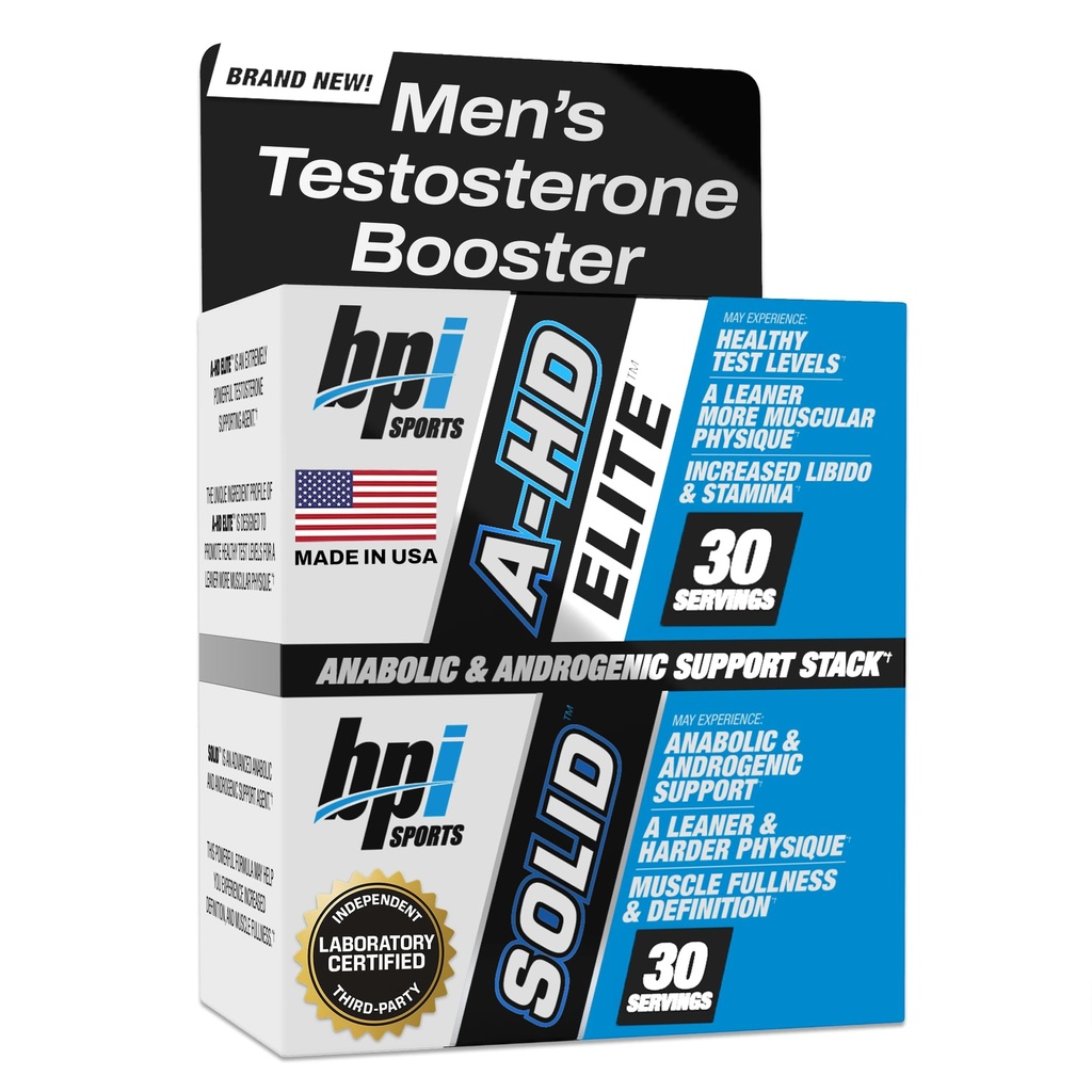 BPI Sports A-HD Elite/Solid Testosterone Booster για τους άνδρες - συμπλήρωμα τεστοστερόνης για τους μυς, τη δύναμη, Libido & την υποστήριξη απόδοσης - Προάγει τη φυσική απώλεια λίπους – 30 εξυπηρετήσεις – 550mg