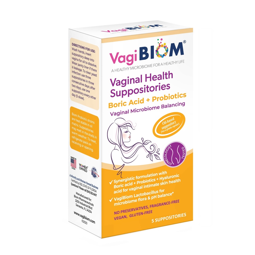 VagiBiom Boric Acid Suppositories with Lactobacillus: Microbiome Flora Balance; Ισορροπία και Nourishes Healthy Flora; Paraben-free Συντηρητικό-ελεύθερο (5 καταμέτρηση)