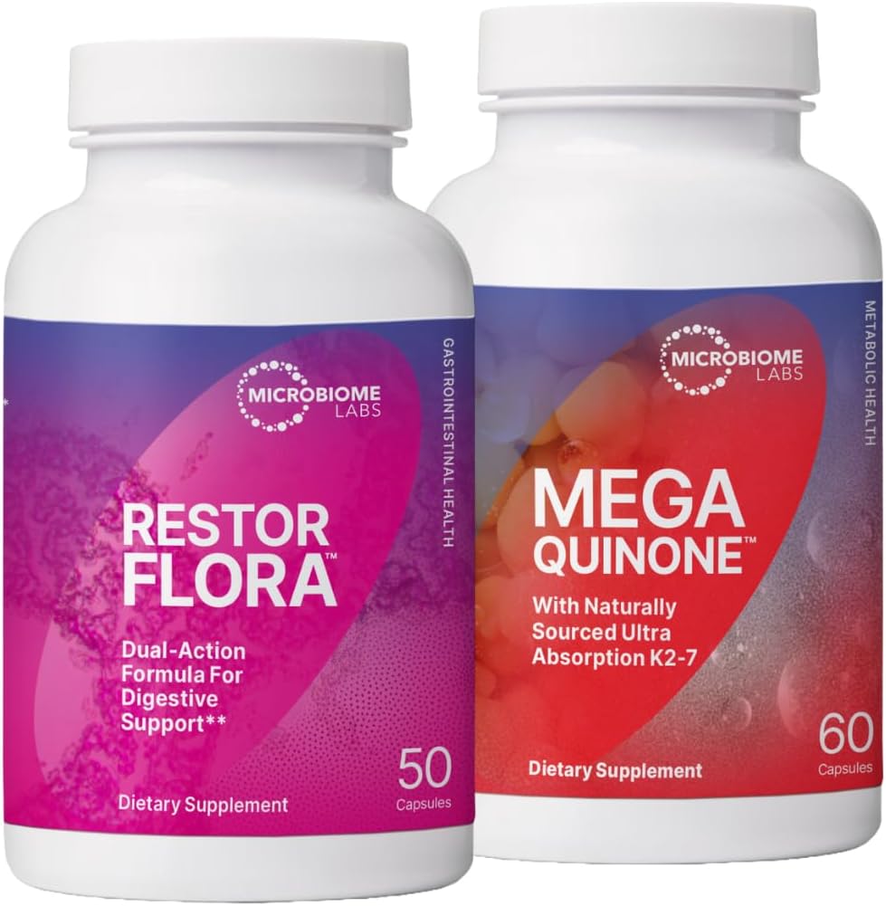 Microbiome Labs RestorFlora Spore & Yeast Probiotics Supplement (50 κάψουλες) + MegaQuinone K2-7 Πλήρης βιταμίνη K συμπλήρωμα βιταμίνης K1 & K2 MK-7 K2 με μαγνήσιο & ψευδάργυρο (60 κάψουλες) - 2 Προϊόντα