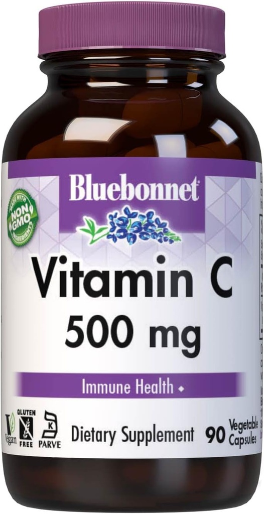 Bluebonnet Διατροφή Βιταμίνη C 500 mg Κάψουλες λαχανικών, Ασκορβικό οξύ, για την Ανοσοποιητική Υγεία & το Δέρμα Υγεία, Vegan, Χορτοφαγικά, Μη ΓΤΟ, Χωρίς γλουτένη, Χωρίς σόγια, Χωρίς γάλα, Kosher, 90 Καψάκια λαχανικών
