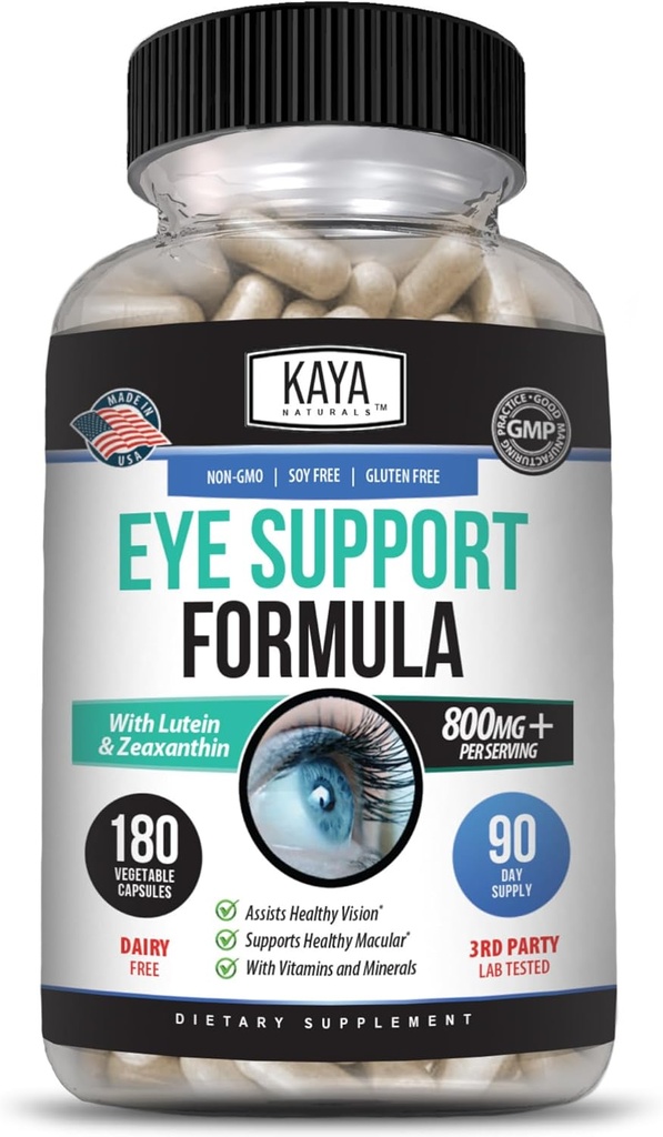 Kaya Naturals Eye Health Supplement - Lutein & Zeaxanthin - Υποστηρίζει Οφθαλμικό Στρώμα, Ξηρά Μάτια και Υγεία Οράματος - 800mg Συμπλήρωμα Βιταμίνης - 180 Count