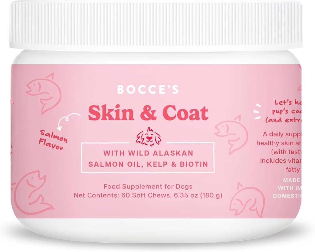 Bocce's Bakery Skin & Coat Supplement for Dogs, Daily Chews Made in The USA with Vitamin E & Essential Faty Acids, Supports Healthy Skin & Coat, Salmon, 60 ct, Red (DG-SP-SKIN60)