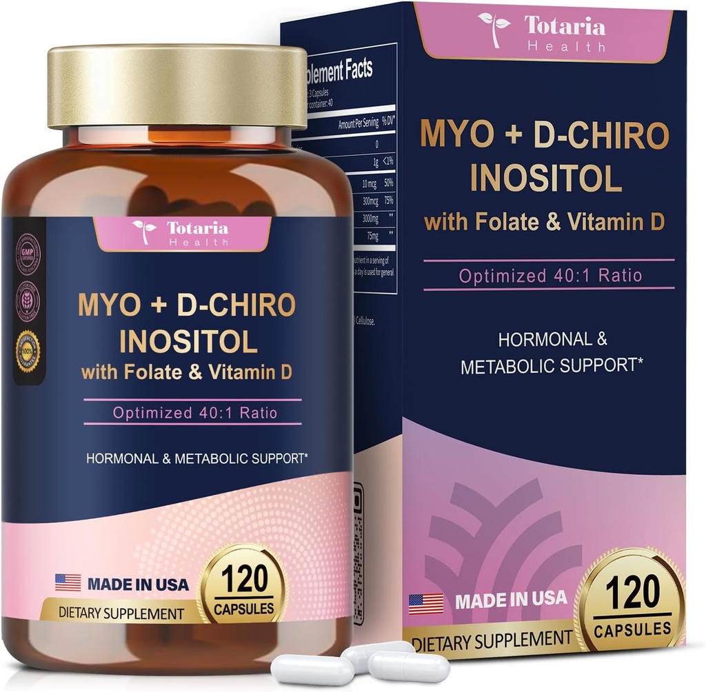 Totaria Inositol Supplement - 3075mg Myo-Inositol & D-Chiro Inositol Capules Plus Vitamin D3, Folate, Ideal 40:1 Ratio - Ορμονική Ισορροπία για Γυναίκες & Ωβαριανούς* Υποστήριξη 