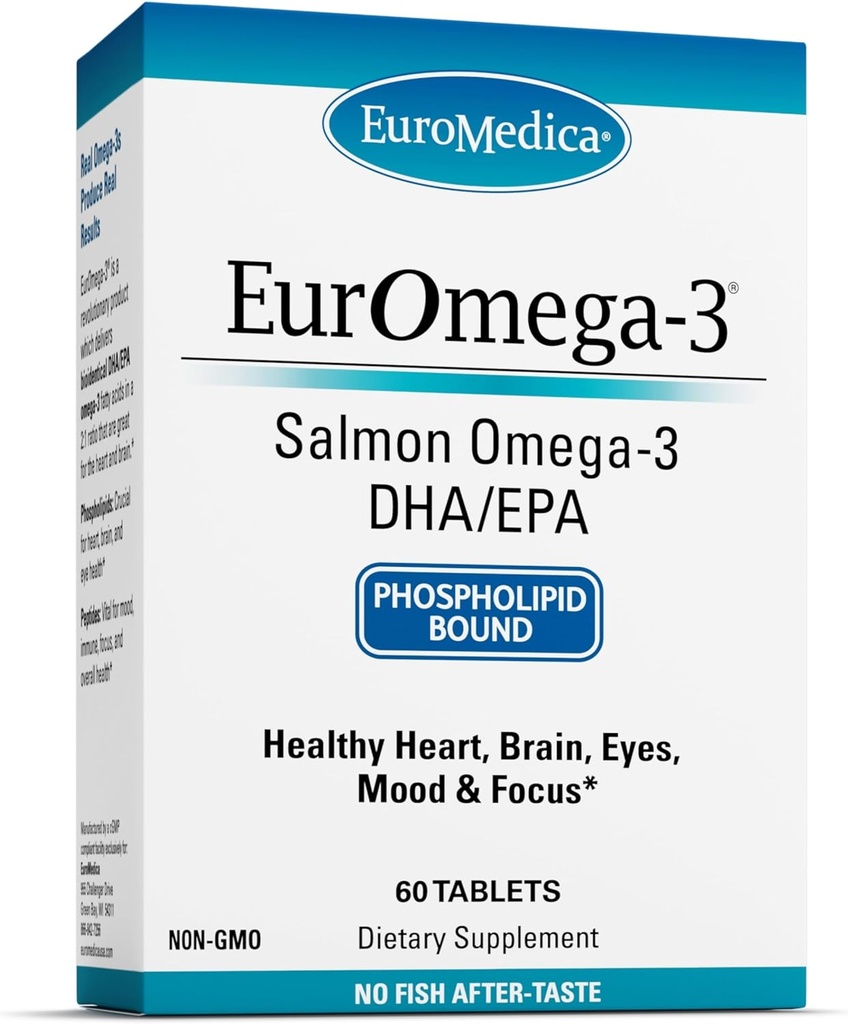EuroMedica EurOmega-3 - Συμπλήρωμα διατροφής με EPA & DHA - Ωμέγα-3 δισκία για την υποστήριξη του εγκεφάλου και της καρδιάς - Συμπλήρωμα διατροφής με Απαραίτητα Λιπαρά Οξέα & Πεπτίδια - 60 δισκία