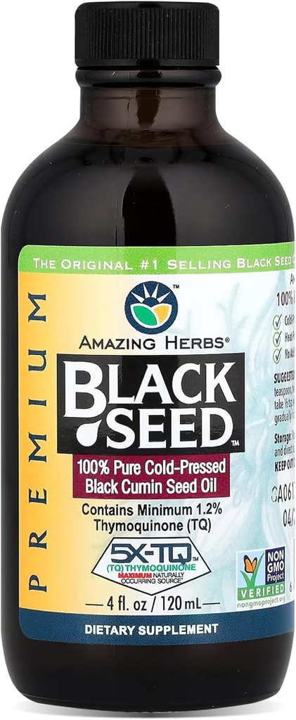 Amazing Herbs Premium Black Seed Oil - Ψυχρό Πιέζεται Nigella Sativa Aids σε Digestive Υγεία, Ανοσολογική Υποστήριξη, Λειτουργία του εγκεφάλου, Κοινή Κινητικότητα, Χωρίς Γλουτένη, Μη ΓΤΟ - 4 FL Oz