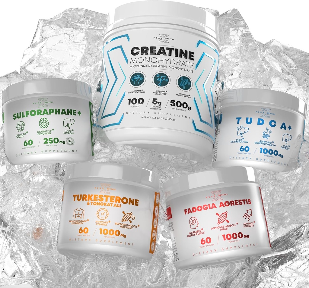 Bundle - Turkesterone & Tongkat Ali + Fadogia Agrestis + Createine + Sulforafane + TudCA - Ενίσχυση της Σταμίνας, ανάπτυξη μυών, υγεία του ήπατος, γνωστική λειτουργία & Detox - Made in USA