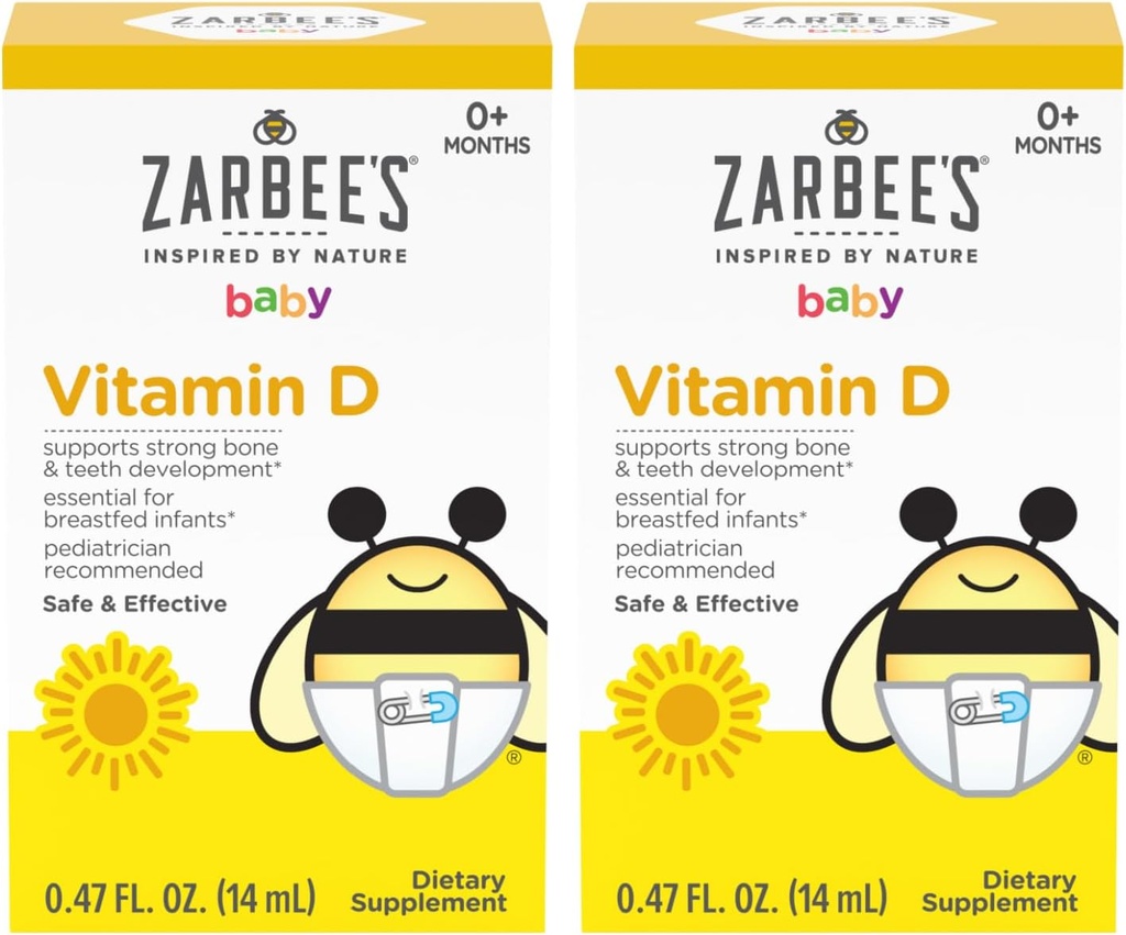 Σταγόνες βιταμίνης D του Zarbee για βρέφη, 400IU (10mcg) Υγρό συμπλήρωμα Baby & Toddler, Newborn & Up, Σταγονομετρητής Syringe, Συσκευασία των 2 Φιάλες 0,47 Fl Oz