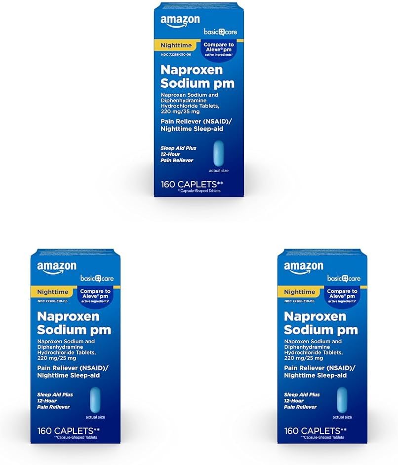 Basic Care All Night Pain Relief PM, Naproxen Sodium, 220 mg/Diphenhydramine Hydrochloride, 25 mg Tablets, Pain Reliever/Nighttime Sleep- Aid, 160 Count (Pack of 3)