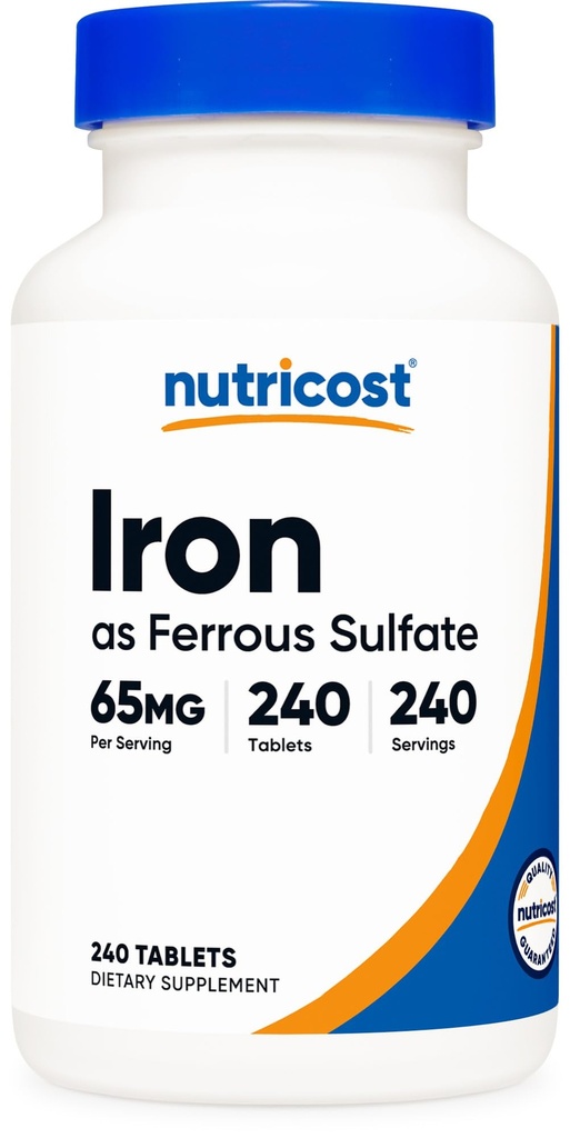 Nutricost Iron (As Ferrous Sulfate) 65mg, 240 δισκία - Μη ΓΤΟ, Χωρίς γλουτένη