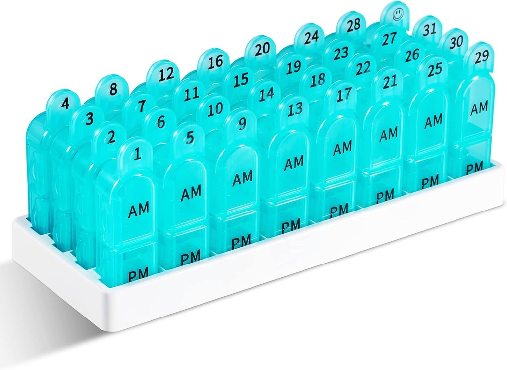 Daviky Monthly Pill Organizer 2 Times a Day, 30 Day Pill Box AM PM with Separate Container, One Month Medicine Case Twice a Day to Hold Vitamins, Supplements and Medication (Cyan)