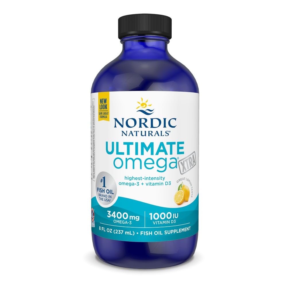 Nordic Naturals Ultimate Omega Xtra Liquid, Lemon Flavor - 8 oz - 3400 mg Omega-3 + 1000 IU Βιταμίνη D3 - EPA & DHA - Εγκέφαλος, καρδιά, αρθρώσεις, & ανοσοποιητική υγεία - Μη ΓΤΟ - 48 Υπηρεσίες