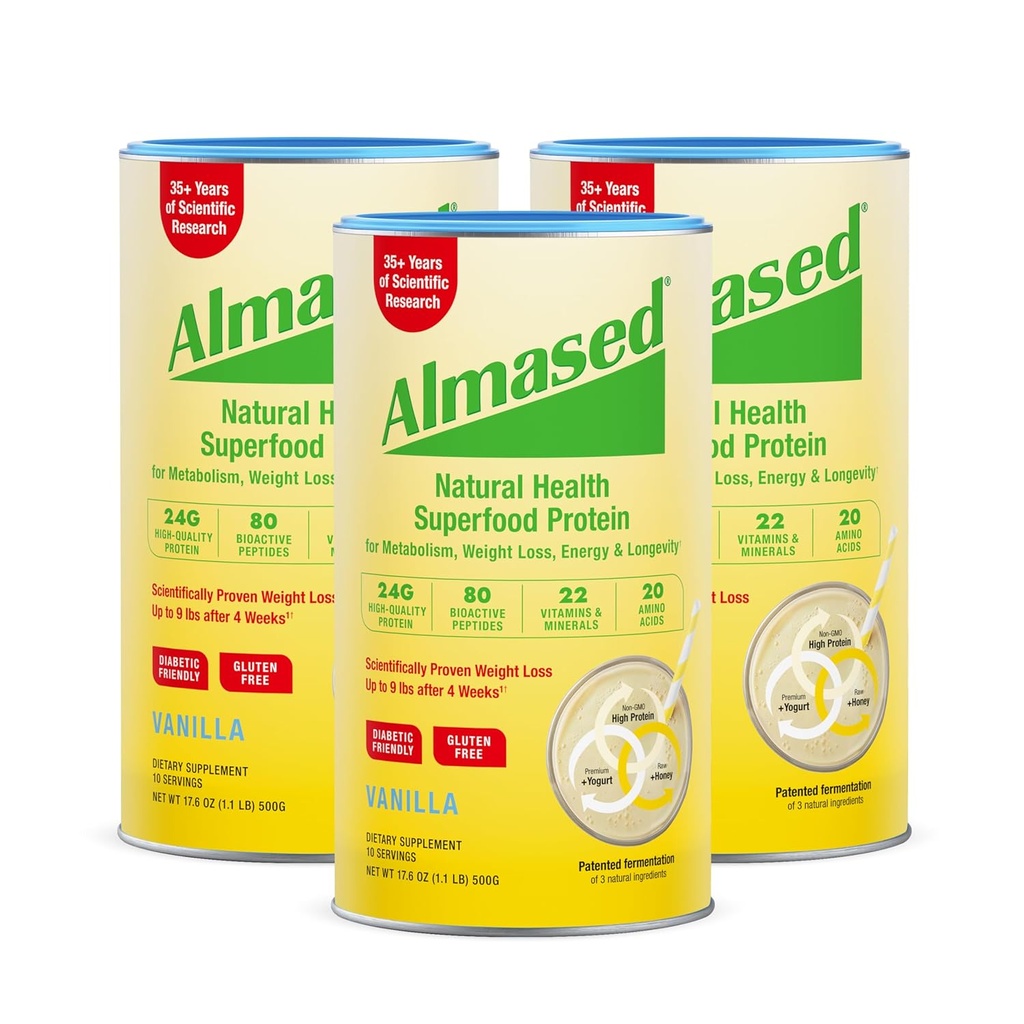 Almased Vanilla Meal Replacement Shake - Χαμηλή Γλυκαιμική Υψηλής Βάσης Φυτικών Πρωτεΐνη Σκόνης - Συμπλήρωμα Διατροφικής Βάρος Υποστήριξης Υγείας - Βανίλια Γεύση - 17,6 oz (1,1 Λίβρα (3 Συσκευασία))