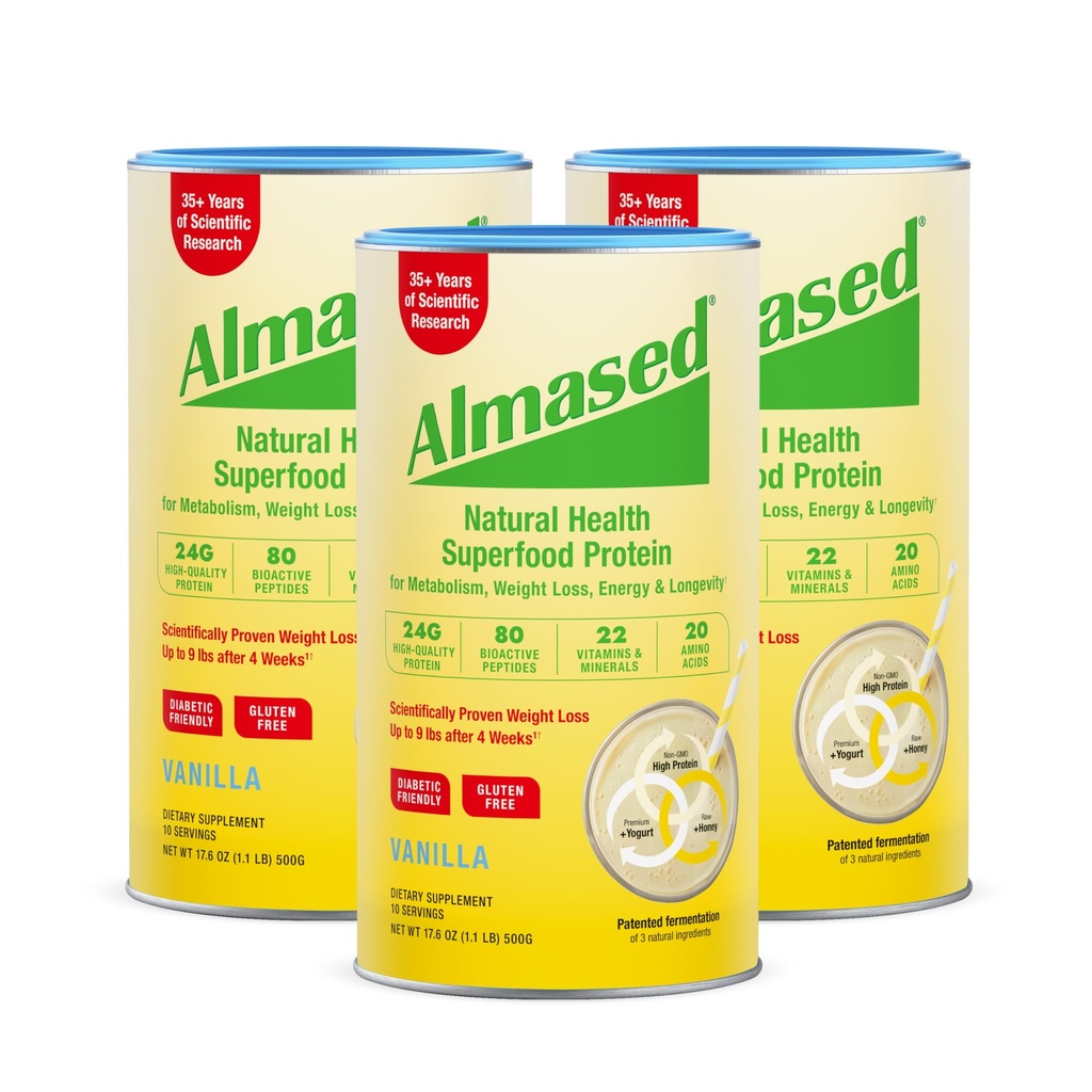 Almased Vanilla Meal Replacement Shake - Χαμηλή Γλυκαιμική Υψηλής Βάσης Φυτικών Πρωτεΐνη Σκόνης - Συμπλήρωμα Διατροφικής Βάρος Υποστήριξης Υγείας - Βανίλια Γεύση - 17,6 oz (1,1 Λίβρα (3 Συσκευασία))
