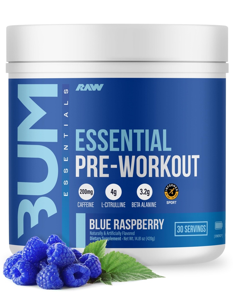 RAW Nutrition - Essential Pre - Chris Bumstead Pre Workout Formula, Sports Nutrition Pre-Workout Powders | Men & Womens Drink, Energy Powder for Working Out (Blue Raspberry)