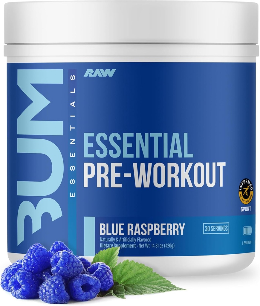 RAW Nutrition - Essential Pre - Chris Bumstead Pre Workout Formula, Sports Nutrition Pre-Workout Powders | Men & Womens Drink, Energy Powder for Working Out (Blue Raspberry)