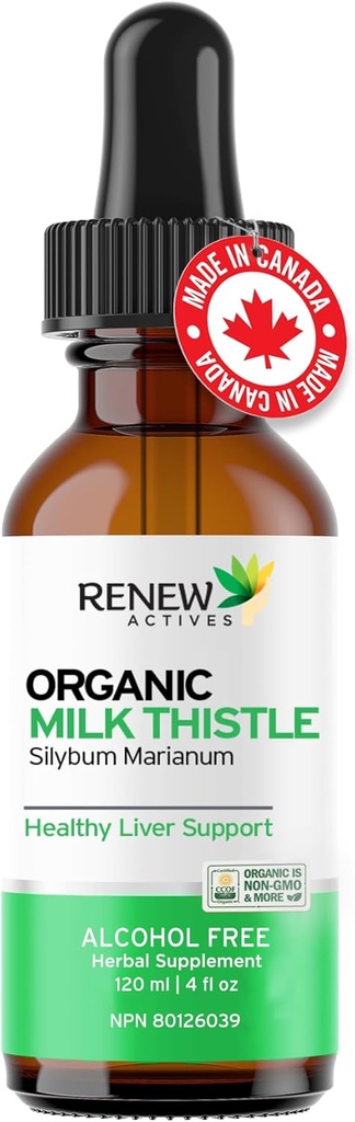 Renew Actives Milk Thistle Liquid Extract 110MG per 2ML – Liver Support Drops for Optimal Health – No Alcohol, Non-GMO, Vegan – Supports Liver Function & Digestive Health – Made in Canada – 4 fl oz