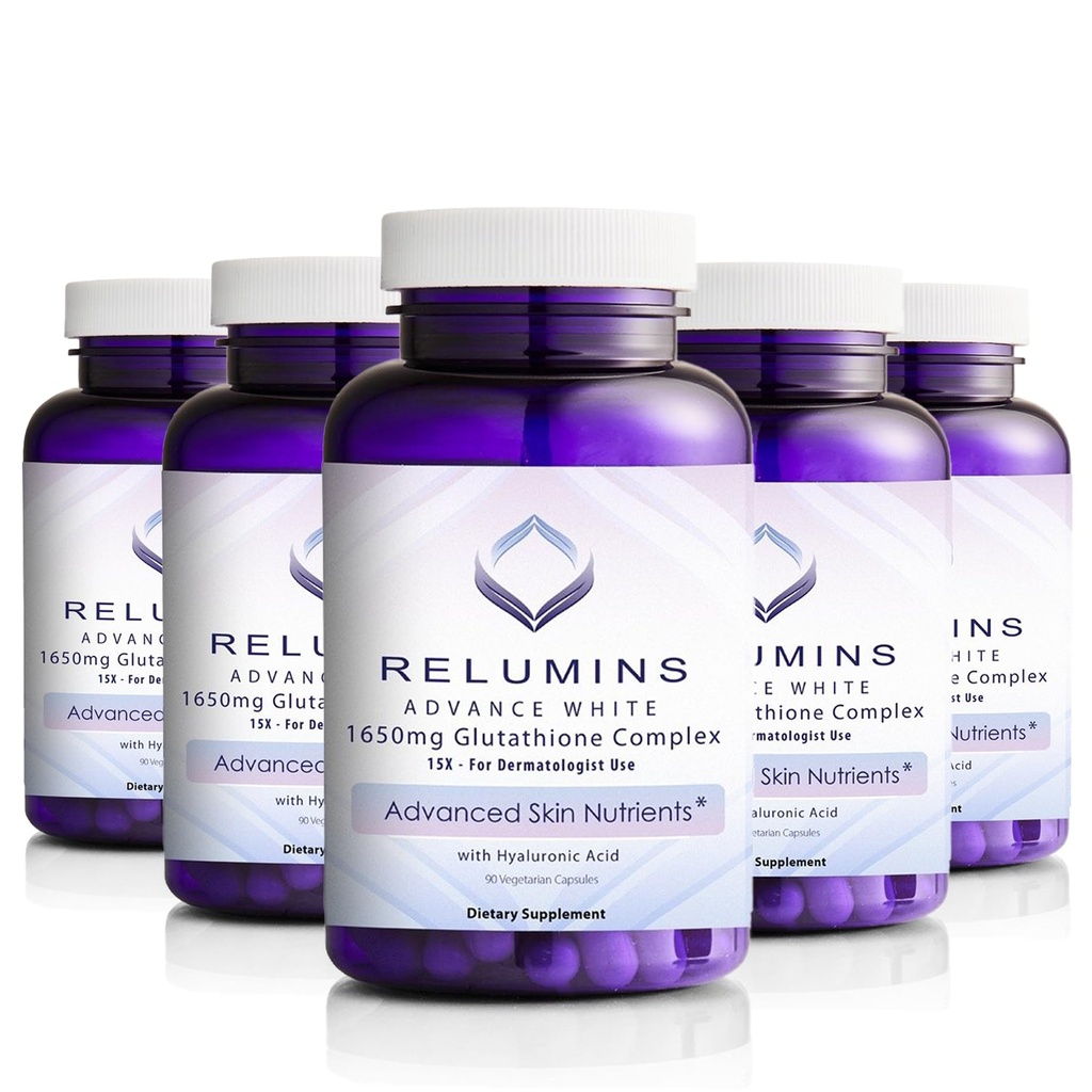 Relumins L-Glutathione Complex 1650mg - Antioxidant Support with Alpha Lipoic Acid, NAC, L-Methionine & Vitamin E for Skin, Ultimate Wellness Gift for Moms - 90 Vegetarian Capsules x 5 Bottles
