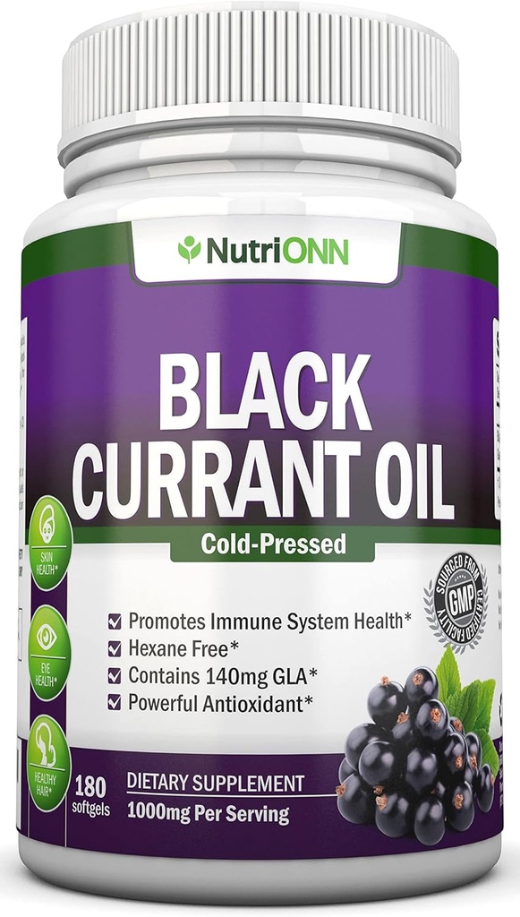 Λάδι μαύρο σταφύλι - 1000 Mg - 180 Softgels - Cold-Pressed Pure Black Currant Seed Oil - Hexane Free - 140mg GLA Per Serving - Regulates Ορμονική Ισορροπία - Μεγάλη για το ανοσοποιητικό σύστημα, τα μαλλιά και το δέρμα