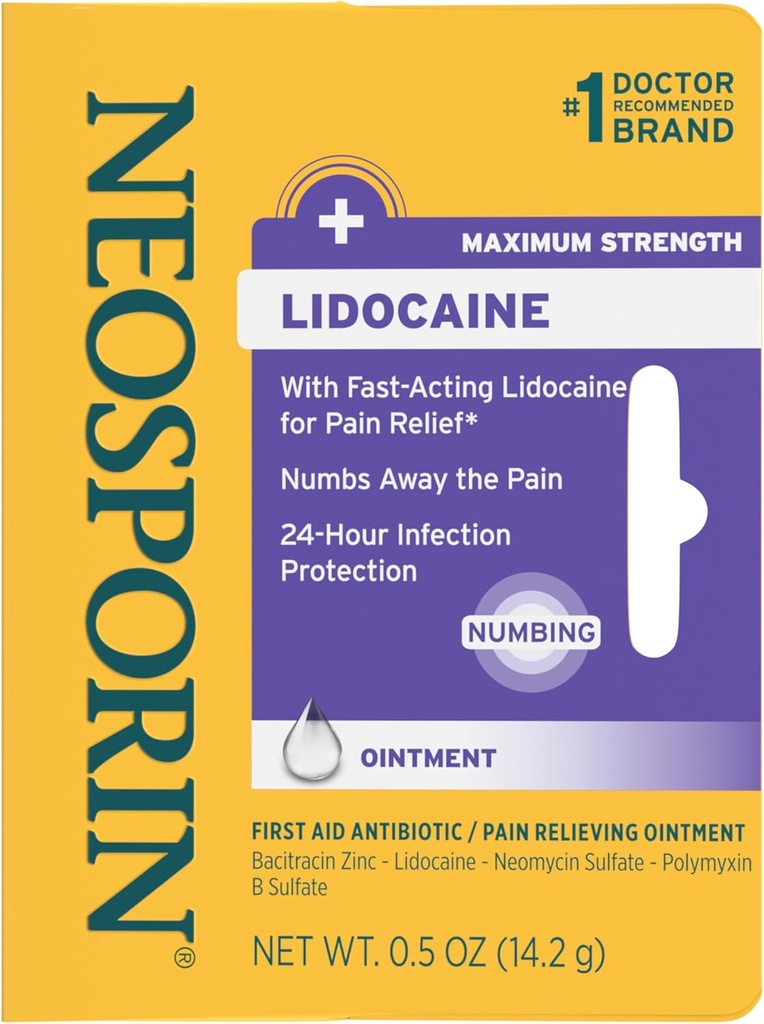 Neosporin + Lidocaine First Aid Antibiotic Ointment, Maximum Strength & Fast-Acting Topical Pain Reliever, 24-Hour Infection Protection That Numbs Away The Pain, Bacitracin Zinc, 0.5 oz
