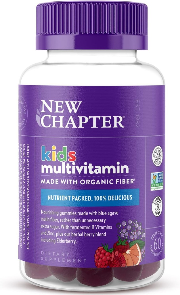 New Chapter Kids Multivitamin Gummies - 65% Λιγότερο Ζάχαρη, Παιδικές Gummy Βιταμίνες με Βιταμίνες C, D3 & Ψευδάργυρο, Μη ΓΤΟ, Χωρίς Γλουτένη, Berry-Citrus, 60ct