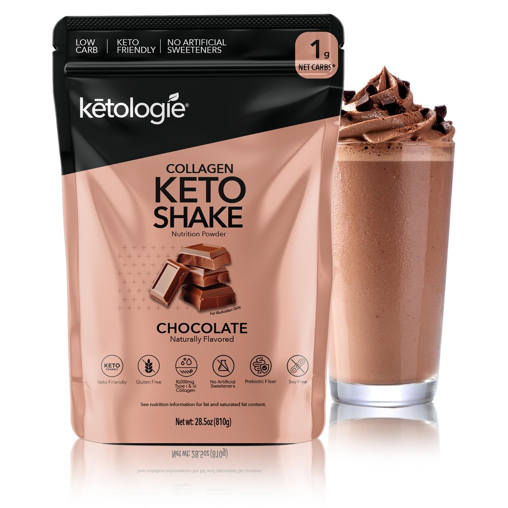 Keto Collagen Shake (Chocolate) - με λάδι καρύδας, προβιοτικά, χόρτο Fed Υδρολυμένα κολλαγόνο Peptides τύπου I & III, χαμηλή υδατάνθρακες, χωρίς γλουτένη, 1,78lbs. (810g)