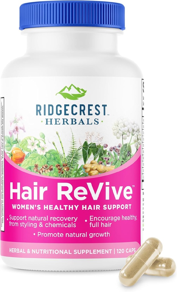 RidgeCrest Herbals Hair ReVive, Διατροφικό συμπλήρωμα μαλλιών με βιταμίνη C, Βιοτίνη (6000mcg), Ψευδάργυρος, και χαλκός, Βιταμίνες μαλλιών για τις γυναίκες για να υποστηρίξει υγιή μαλλιά, δέρμα, και νύχια (120 Caps, 30 Servings)