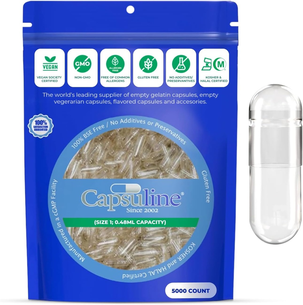 Capsuline μέγεθος 1 - Καθαρίστε τις κάψουλες άδειο Vegan - 5000 κόμης - Κενές κάψουλες χάπια Veggie - DIY κάψουλες που γεμίζουν - Κενά καπάκια - Kosher και Halal Certified - Μη ΓΤΟ Πιστοποιημένο