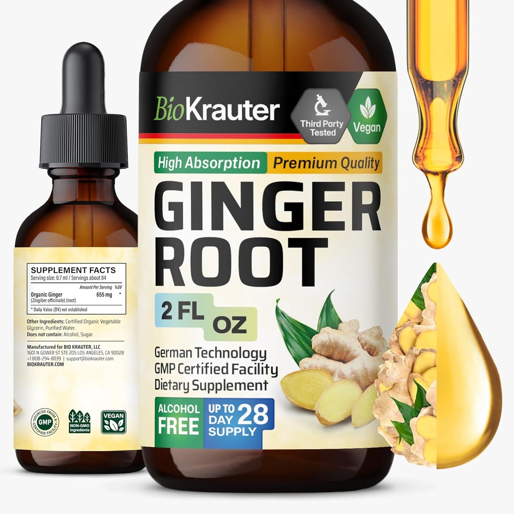 BIO KRAUTER Ginger Root Extract - φυσικά συμπληρώματα Τζίντζερ για τη συνολική ευεξία - Αλκοόλ και ζάχαρη δωρεάν - Vegan Drops 2 Fl.Oz.
