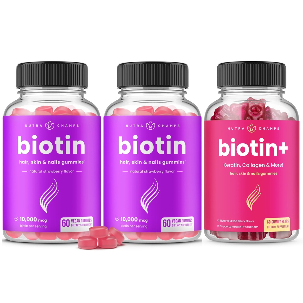 NutraChamps Complete Biotin Bundle για μαλλιά, δέρμα & νύχια. 2 συσκευασία βιοτίνης & βιοτίνης+