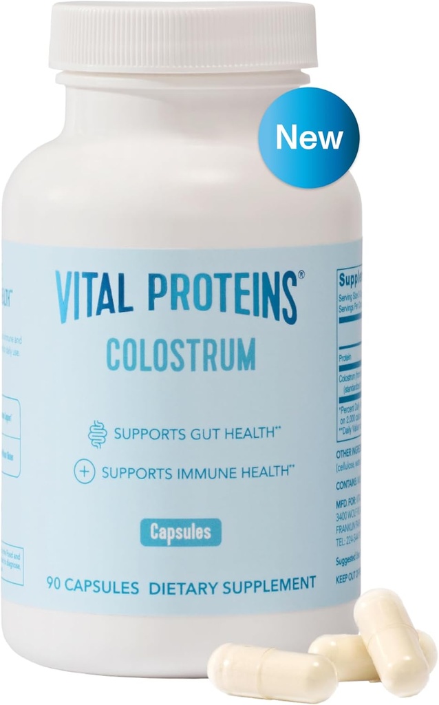 Vital Proteins Bovine Colostrum Supplement 90 Capsals for Gut Health, Immune Support with 40% IgG Premium Bovine Colostrum Superfood, Unflaved, 30 Servings