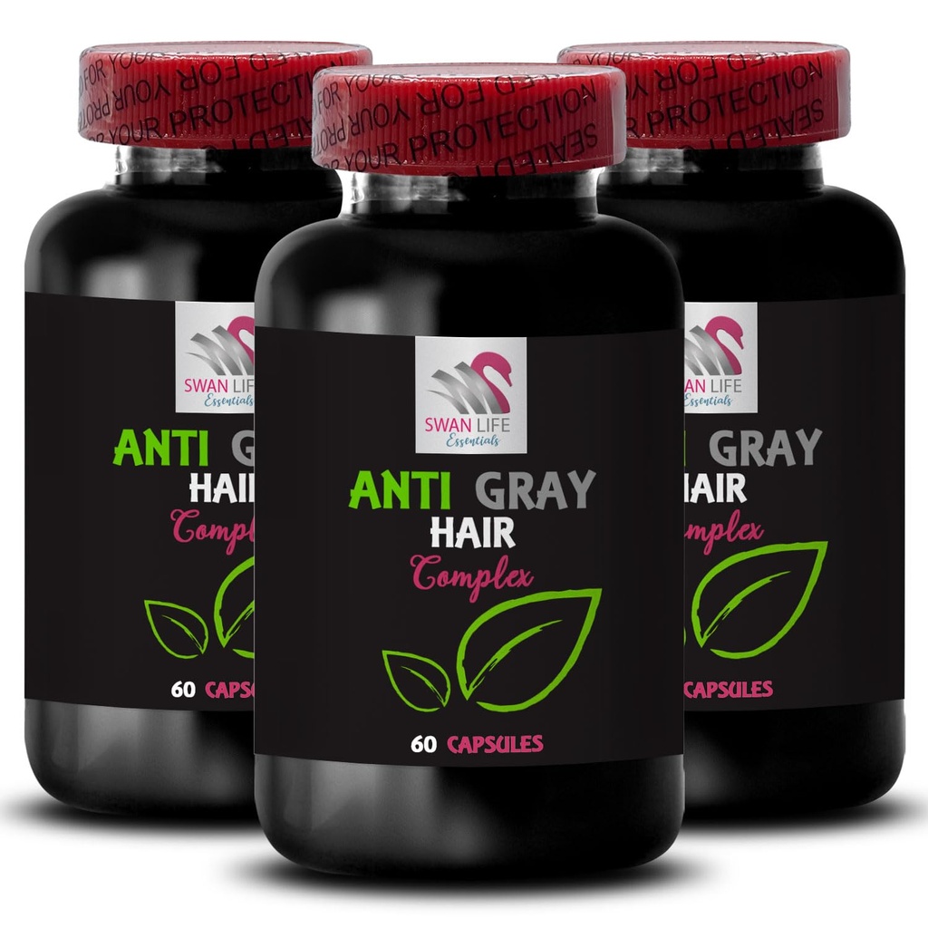 Αντιγκρίζο καψάκιο μαλλιών - ANTI GRAY HAIR COMPLEX - δονητικό χρώμα, Gray λύση μαλλιών, Χρωματική αφύπνιση, Φυσικός τόνος, αναζωογόνηση χρωστικής μαλλιών, Φρέσκο τόνο, Gray υποστήριξη μαλλιών 3 μπουκάλια 180 κάψουλες