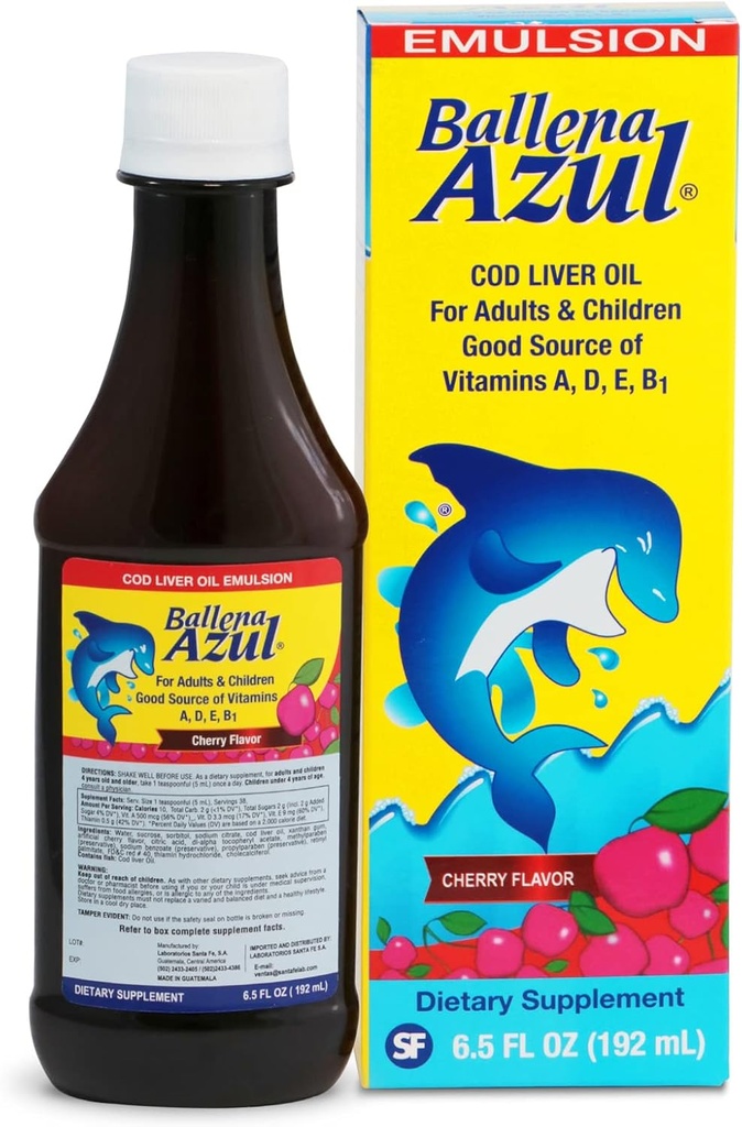 Ballena Azul Aceite de Hígado de Bacalao para Adultos y Niños, COD Liver Oil για ενήλικες και παιδιά, Καλή Πηγή Βιταμινών A,D,E, B1, Συμπλήρωμα Διατροφής, Ωμέγα 3