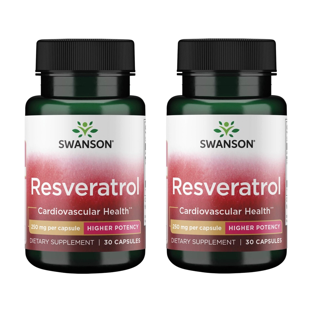 Swanson Resveratrol Higher Potency, 250 mg, 30 Capsules, 2 Pack | Increases Antioxidant Protection, Supports Cellular Longevity, Supports Cardiovascular Health, Non-GMO Formula