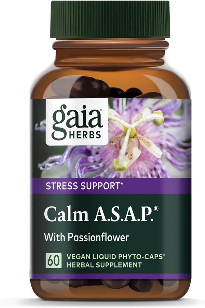 Gaia Herbs Calm A.S.A.P. Υποστήριξη για το στρες - με Skullcap, Passionflower, Χαμομήλι, Vervain, Άγιος Βασίλειος & More to Support a Natural Calm - 60 Vegan Liquid Phyto-Capsules (20-Day Supply)