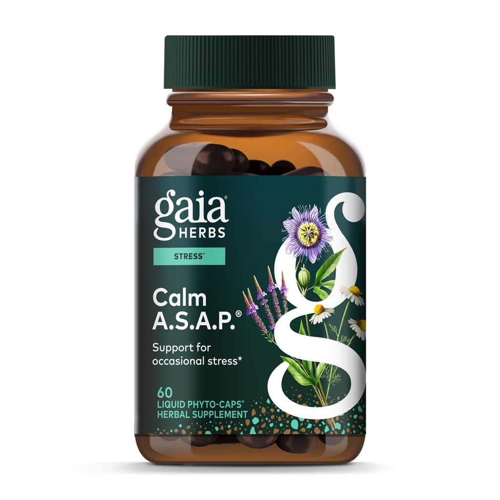 Gaia Herbs Calm A.S.A.P. Υποστήριξη για το στρες - με Skullcap, Passionflower, Χαμομήλι, Vervain, Άγιος Βασίλειος & More to Support a Natural Calm - 60 Vegan Liquid Phyto-Capsules (20-Day Supply)