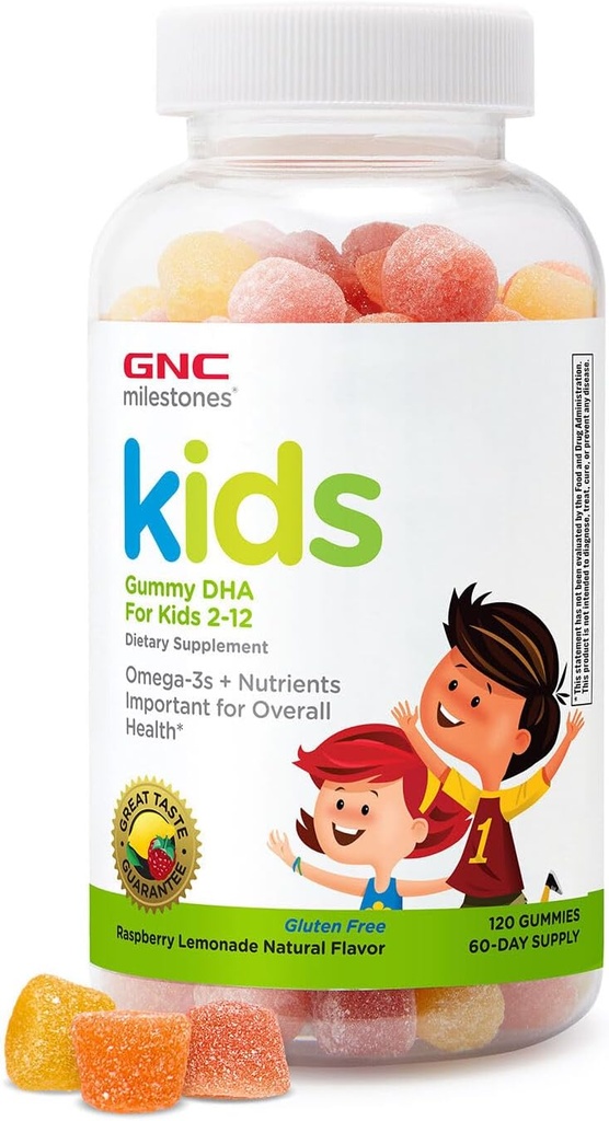 GNC ορόπεδα Παιδιά DHA Gummies, Παιδιά Ηλικίες 2-12, Ωμέγα-3, Οφθαλμική και Εγκεφαλική Λειτουργία & Ανάπτυξη, Βιταμίνη Α & D, Υγιή δόντια & οστά, Χωρίς γλουτένη, Χωρίς Τεχνητές Γεύσεις, Βατόμουρο Λεμόνι, 120 Gummies