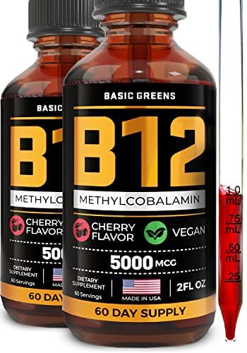 Βιταμίνη Β12 Υπογλώσσιες σταγόνες υγρού 5000 mcg – Vegan Methyl B-12 συμπλήρωμα για την ενέργεια & εστίαση – Β 12 Βιταμίνη για γυναίκες και άνδρες – Γρήγορη απορρόφηση Μεθυλοκοβαλαμίνη – 120 Σερβίρει – 4 fl oz