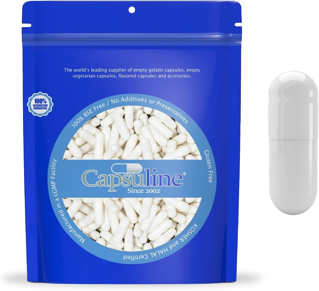 Capsuline μέγεθος 000 - Χρωματιστά λευκά άδεια κάψουλες Ζελατίνη - 10000 κόμης - Κενά χάπια Gel κάψουλες - DIY καθαρό χάπι βοοειδών καψάκιο πλήρωσης - Κενά καπάκια - Kosher και Halal Πιστοποιημένο - Μη ΓΤΟ Πιστοποιημένο