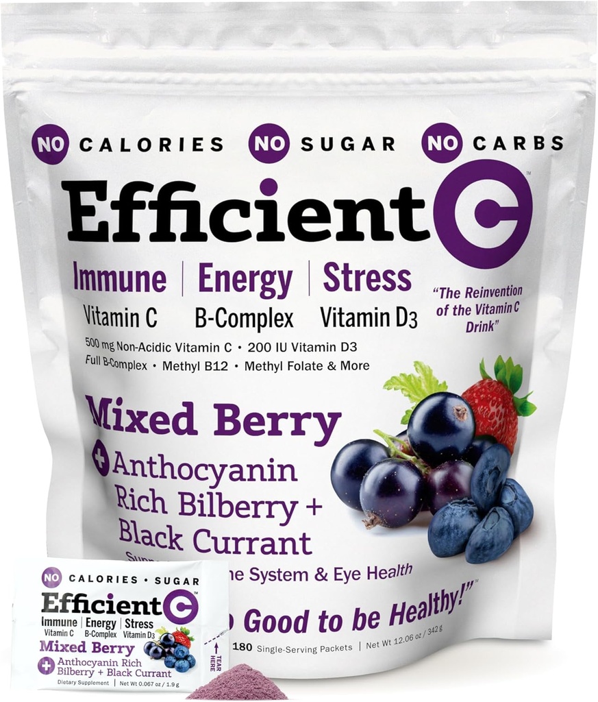 ANDREW LESSMAN Efficient C Mixed Berry 90 Packets - Ανοσοποιητικό, ενέργεια, άγχος και υποστήριξη για την υγεία των ματιών. Επανάληψη της βιταμίνης C ποτό. Όχι θερμίδες. Χωρίς ζάχαρη. Όχι υδατάνθρακες. Εύκολο να αναμιχθείς.