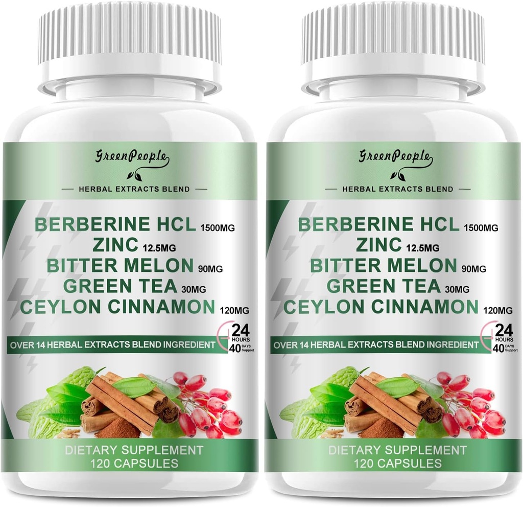 GREENPEOPLE Berberine Supplement with Ceylon Cinnamon - 120 Count Berberine 1500mg Berberine HCL Κάψουλες με Bitter Melon/Artichoke Extracts & Φυσικά Βότανα για Ανοσολογική Υποστήριξη 2 Συσκευασία