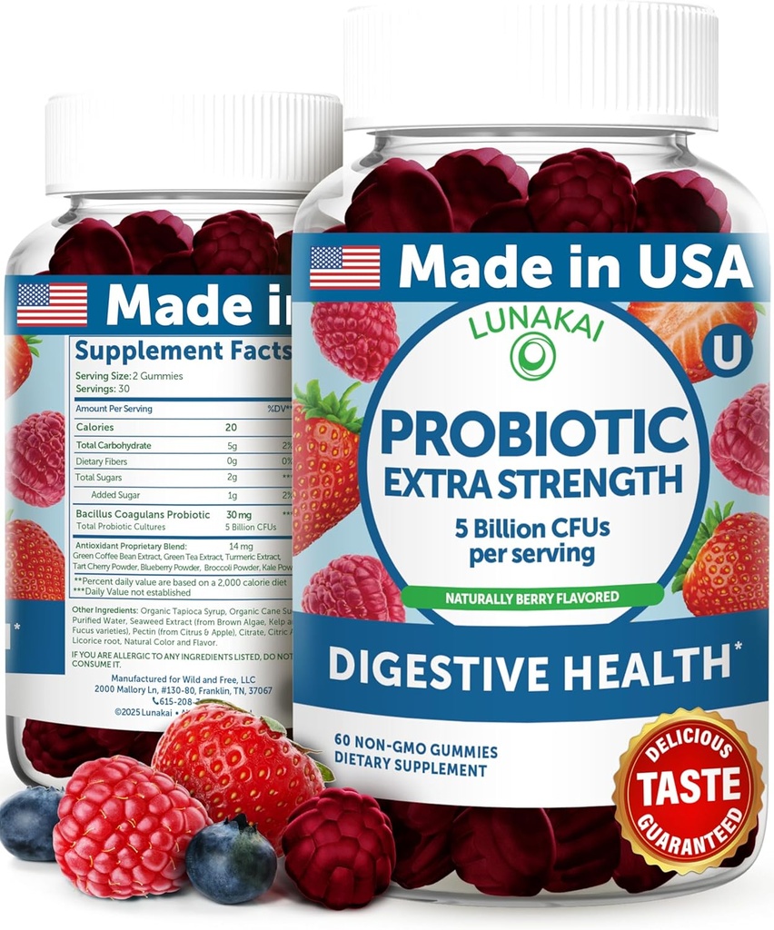Lunakai USA Made Probiotic Gummies - 5 δισεκατομμύρια CFUs, Vegan, Non-GMO, Gluten-free - Digestive & Immune Support for Women & Men - 60 Μασώμενα Gummies