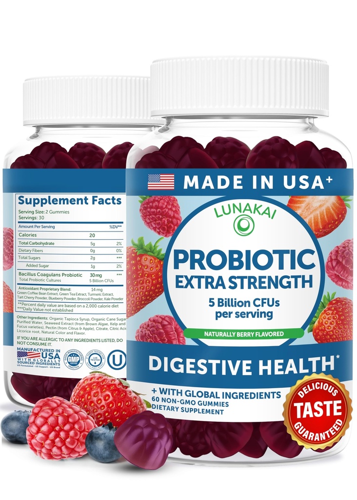 Lunakai USA Made Probiotic Gummies - 5 δισεκατομμύρια CFUs, Vegan, Non-GMO, Gluten-free - Digestive & Immune Support for Women & Men - 60 Μασώμενα Gummies