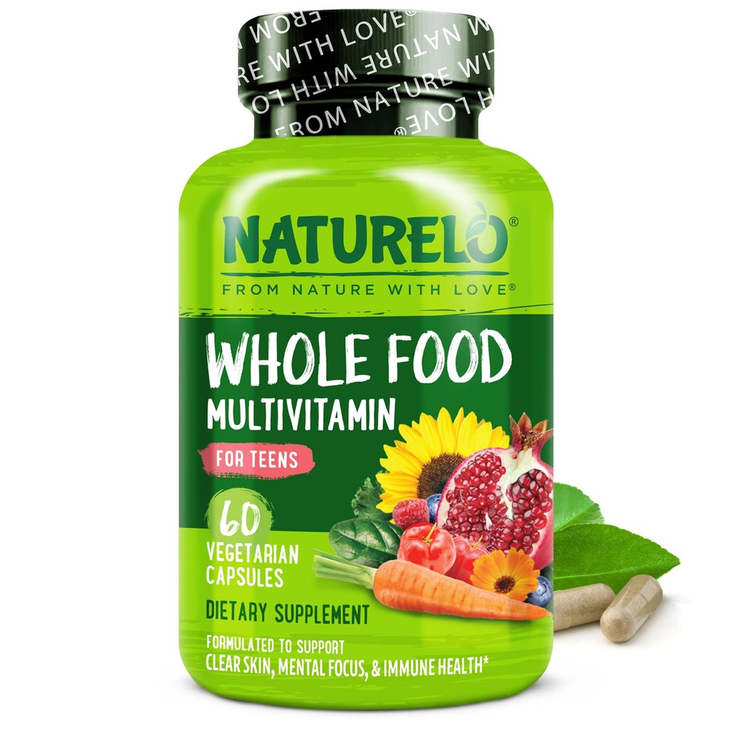 NATURELO Πολυβιταμίνες για έφηβες κορίτσια/αγόρια, 60 κάψουλες, ολόκληρα τρόφιμα πολυβιταμίνη με ορυκτά, μη ΓΤΟ, χορτοφάγους