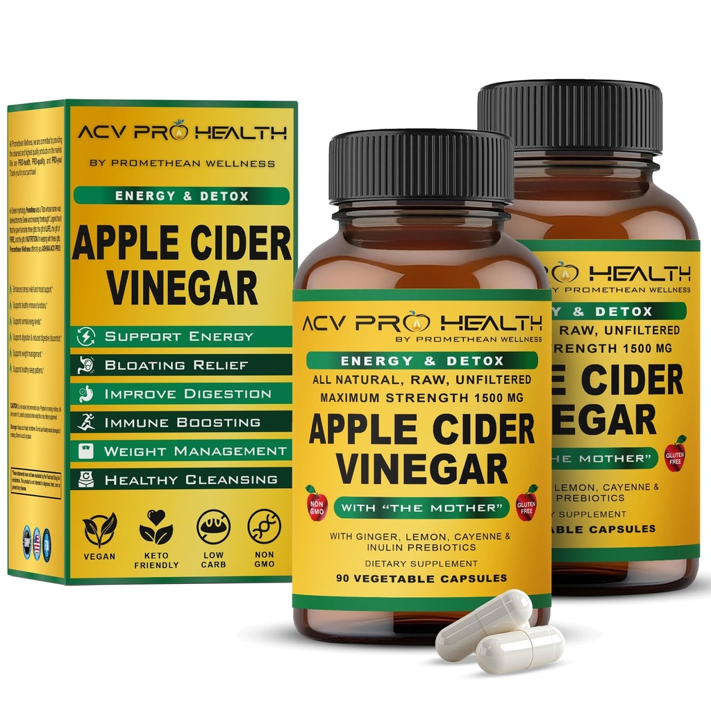 2-Pack ACV Pro κάψουλες μηλίτη μήλου Πιστοποιημένα οργανικά με τη μητέρα ACV χάπια Detox Cleanse Acid Relux Relux Relux συμπλήρωμα υποστήριξης Ginger Root Cayenne Pepper σκόνη