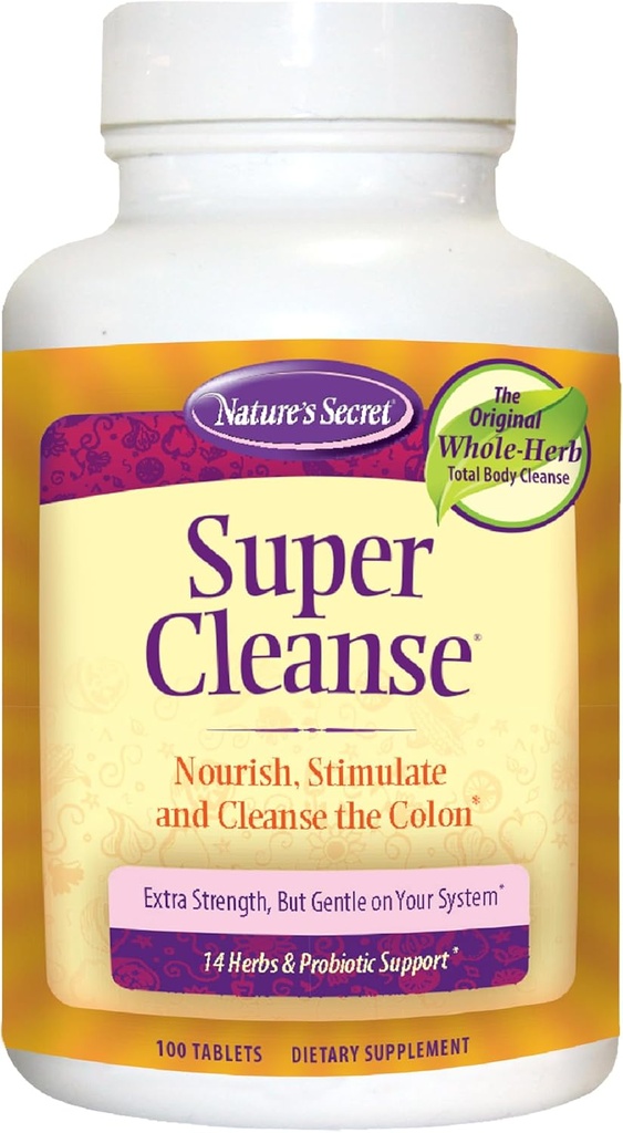 Nature's Secret Super Cleanse Extra Strength Total Body Cleanse, Support - Stimulating Blend of 14 Herbs with Probiotics - 100 Tablets